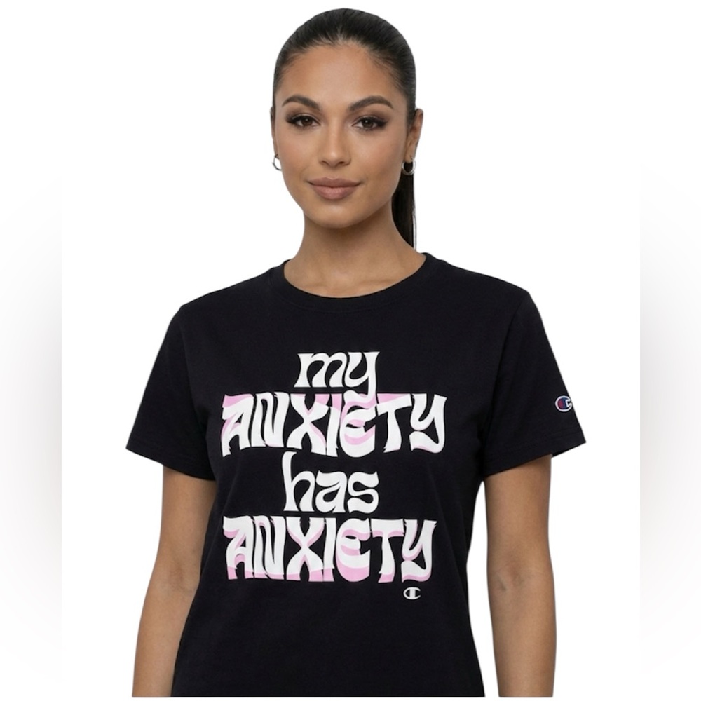 Champion Women Black White Pink Graphic Anxiety T-shirt Size: Medium
